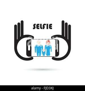 Tenendo selfie foto ritratto su smart phone concetto icona. Selfie concept design di elemento. Illustrazione Vettoriale Illustrazione Vettoriale