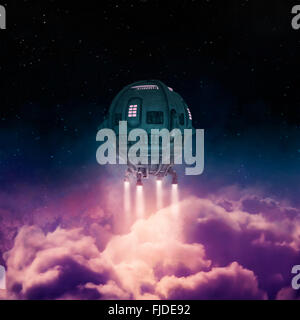 L'atmosfera / 3D Rendering della navicella spaziale che si eleva al di sopra delle nuvole Foto Stock