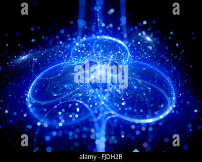 Blu brillante oggetto futuristico nello spazio con particelle, generato dal computer sfondo astratto Foto Stock