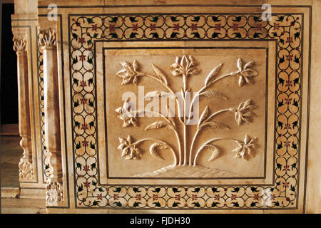 Rilievo marmoreo sul Taj Mahal parete, Agra, Delhi, India, Asia Foto Stock