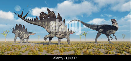 Un Allosaurus di fronte una coppia di Stegosaurus dinosauri. Foto Stock