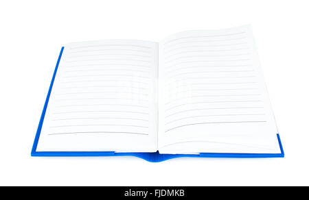 Aperto diario isolati su sfondo bianco. Blocco note con vuoto pagine rivestito. Angolo di visualizzazione Foto Stock