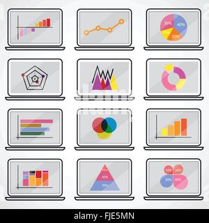 Dati aziendali elementi di mercato dot bar grafici a torta schemi grafici.piatto set di icone sul notebook. Illustrazione Vettoriale. Illustrazione Vettoriale