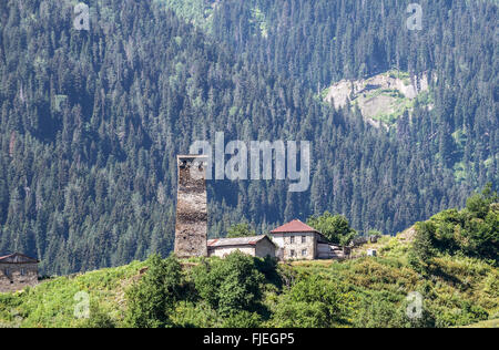 Torre Svan in piccoli Nakipari townlet accanto alla strada che da Mestia ai villaggi comunità chiamata Ushguli, Superiore Svanetia, Georgia Foto Stock