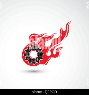 Ruota nel fuoco di fiamma astratta icona logo design template vettoriale. Concetto industriale. Corporate logotipo creativo simbolo. Illustrazione Vettoriale