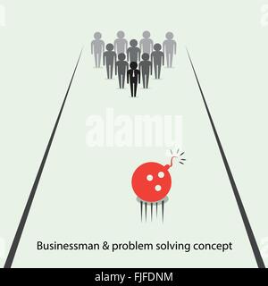 Imprenditore simbolo dei perni e palla da bowling segno. Business e problem solving idee . Illustrazione Vettoriale Illustrazione Vettoriale