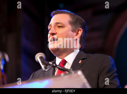 Presidenziale repubblicano speranzoso Ted Cruz risolve folla mentre assaporando la vittoria in Texas elezione primaria con i sostenitori Foto Stock