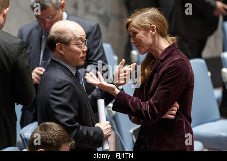 (160302) -- NAZIONI UNITE, 2 marzo 2016 (Xinhua) -- Liu Jieyi(L), la Cina del rappresentante permanente presso le Nazioni Unite, colloqui con Samantha Power, rappresentante permanente degli Stati Uniti alle Nazioni Unite, prima di una riunione del Consiglio di sicurezza sulla Repubblica Popolare Democratica di Corea (DPRK) presso la sede delle Nazioni Unite a New York, 2 marzo 2016. Il Consiglio di Sicurezza delle Nazioni Unite ha adottato una risoluzione sul Mercoledì a imporre sanzioni nei confronti della Repubblica Popolare Democratica di Corea (DPRK) al fine di frenare il paese del nucleare e missilistico programmi. (Xinhua/Li Muzi) Foto Stock