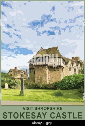 Un poster in stile interpretazione del maniero fortificato casa di Stokesay Castle, vicino a craven arms, Shropshire, Inghilterra, Regno Unito Foto Stock