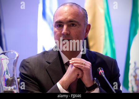 Città del Messico. 2 Mar, 2016. Messico il Ministro dell'agricoltura, bestiame, sviluppo rurale, Fiheries e cibo Jose Calzada prende parte alla XXXIV CONFERENZA REGIONALE del U.N. Cibo ed Organizzazione di Agricoltura (FAO) per l America Latina e i Caraibi, a Città del Messico, capitale del Messico il 2 marzo 2016. © Alejandro Ayala/Xinhua/Alamy Live News Foto Stock