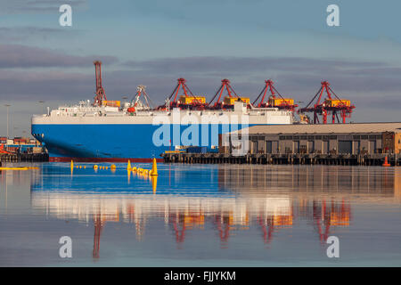 Vista ingrandita del grande anello transoceanico tipo nave da carico inserito nei Docklands, Melbourne Foto Stock