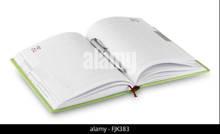 Apri diario verde con penna isolati su sfondo bianco Foto Stock