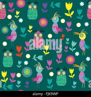 Vector carino pattern senza soluzione di continuità con il cartoon bird e fiori e seamless pattern in swatch menu. Seamless pattern può essere utilizzata per Illustrazione Vettoriale