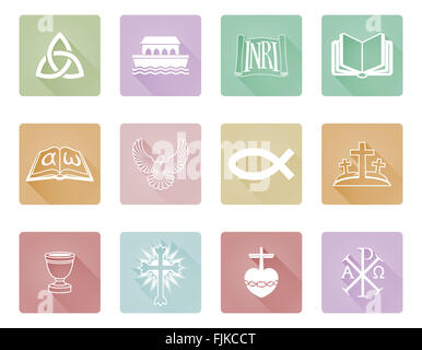 Un set di icone cristiane e i simboli compresi Chi Rho, alfa omega pesce e croce Foto Stock