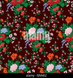 Bouquet di rose rosse, papaveri, bluebells e fiori selvatici vettore seamless pattern. Illustrazione Vettoriale