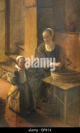 Pieter De Hooch (1629-1684). Dutch Golden Age pittore. La donna a preparare verdura nel retro di una casa olandese, 1657. Foto Stock