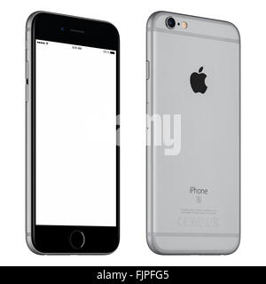 Varna, Bulgaria - 24 Ottobre 2015: vista anteriore dello spazio grigio Apple iPhone 6S mockup leggermente ruotato con schermo bianco Foto Stock