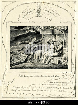 Il Libro di Giobbe, illustrazione di William Blake. Pubblicato per la prima volta 1826. ' Mentre egli stava ancora parlando, quando giunse un altro e disse che il fuoco di DIO è caduto dal cielo e ha bruciato le pecore e i servi e li divorò. Sono scampato io solo che ti dica ." (London pubblicata come l' atto dirige da William Blake il 8 marzo 1825 N3 Fountain Court Strand . Prova) WB: poeta inglese, pittore. 28 Novembre 1757 - 12 agosto 1827 Foto Stock
