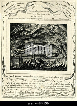 Il Libro di Giobbe, illustrazione di William Blake. Pubblicato per la prima volta 1826. ' Con i sogni sul mio letto cerdocyon scarest me e mi affrightest con visioni. .." "Perché mi perseguiti come Dio e non siete mai sazi della mia carne. Oh che le mie parole sono state stampate in un libro che il mio Redentore vive e che egli deve stare in questi ultimi giorni sulla terra e dopo la mia pelle distruggere tu questo corpo ancora nella mia carne posso vedere Dio che mi vede per me e i miei occhi lo contempleranno e non un altro se consumato da mia immagine battuto che opposeth e innalza se stesso al di sopra di tutto ciò che è chiamato dio o è Worshippe Foto Stock