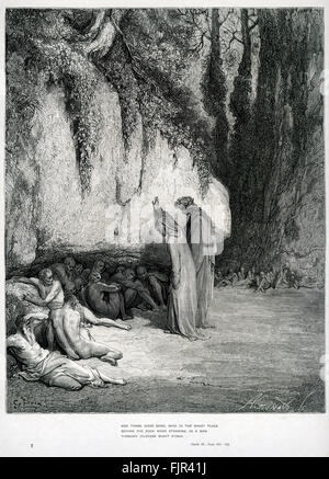 Dante di purgatorio, parte della sua Divina Commedia / La Divina Commedia. Illustrazione di Gustave Doré. Canto IV linee 100-102' e ci sono stati alcuni che nel luogo ombroso / dietro la roccia sono state in piedi, come un uomo / attraverso l'ozio potrebbe stare' Dante Alighieri: da metà maggio a metà giugno 1265 - settembre 13/14, 1321. Foto Stock