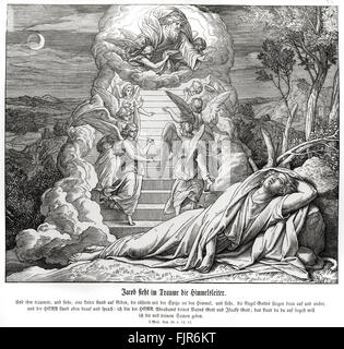 Giacobbe sogni di scala al cielo, Genesi capitolo XXVIII versetti 12 - 13 ' e sognò di vedere una scala appoggiata sulla terra, mentre la sua cima raggiungeva il cielo; ed ecco gli angeli di Dio salivano e scendevano su di essa. Ed ecco il Signore gli stava davanti e disse: Io sono il Dio di Abramo tuo padre e il Dio di Isacco: la terra sulla quale tu sei coricato la darò a te e alla tua discendenza' illustrazione 1852-60 da Julius Schnorr von Carolsfeld Foto Stock