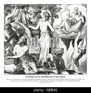 La parabola del ricco e del povero Lazzaro, il Vangelo di Luca capitolo XVI versetti 19 - 21 "Vi era un uomo ricco, che era vestito di porpora e di bisso e cavata sontuosamente ogni giorno e vi era anche un mendicante chiamato Lazzaro, che giaceva alla sua porta tutto coperto di piaghe ulcerose e desiderosi di essere alimentato con le briciole che cadevano dalla tavola del ricco, inoltre i cani è venuto e leccare le sue piaghe.' illustrazione 1852-60 da Julius Schnorr von Carolsfeld Foto Stock