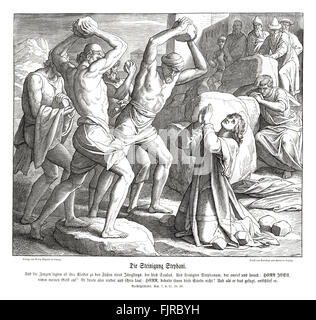 La lapidazione di Stefano, Atti del Capitolo VII versetti 57 - 59 'Allora essi gridarono a gran voce, si turarono gli orecchi e corse su di lui con una sola mente e lo gettarono fuori della città e lo lapidarono. E i testimoni deposero le loro vesti a un giovane di piedi, il cui nome era Saulo. Così lapidarono Stefano, che invocava Gesù e diceva: "Signor Gesù, ricevi il mio spirito". 1852-60 illustrazione da Julius Schnorr von Carolsfeld Foto Stock