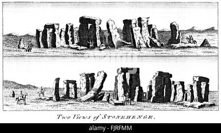 Una incisione di due viste di Stonehenge scansionati ad alta risoluzione da un libro stampato in 1763. Ritiene copyright free. Foto Stock