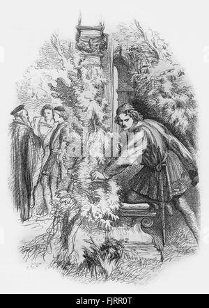 Molto rumore per nulla di William Shakespeare. . Atto II SCENA 3. . Benedick ascoltando nascosti alla conversazione tra Don Pedro, Leonato, Claudio e Balthazar. Illustrazione di John Gilbert. Inglese poeta e drammaturgo battezzato 26 Aprile 1564 - 23 aprile 1616. Foto Stock