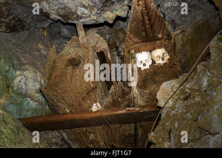 Vecchio legno Bare con teschi in Tampang Allo grotta di sepoltura della famiglia reale. Tana Toraja. Sulawesi meridionale. Indonesia Foto Stock