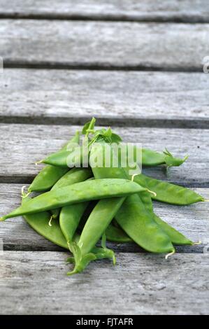 Appena raccolto piselli verdi nel pod su un tavolo di legno Foto Stock