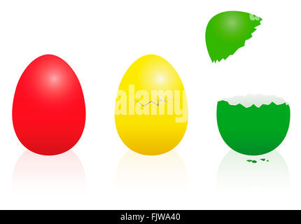 Uova di Pasqua - semaforo colori - rosso, giallo e verde - intatto, rotto, aprire. Tridimensionale di illustrazione. Foto Stock