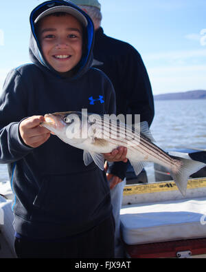Un giovane ragazzo tenendo un striped bass ha il pesce appena pescato sul fiume Hudson, New York.
