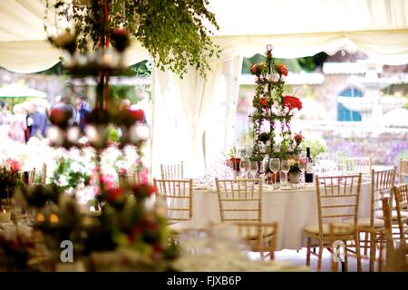 Matrimoni, Eventi, banchetti o occasione speciale decorazione della tavola e fiori, livello display, sposa e lo sposo, margherite & Roses Foto Stock