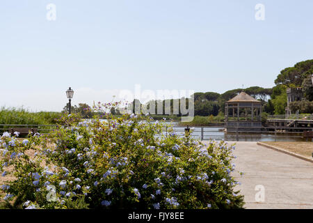 TORRE DEL LAGO/Italia. Toscana. Vicino a Casa di Puccini. Parco con un aiuola fiorita. Lampada. Kiosk. Il lago in background. La calma. Foto Stock