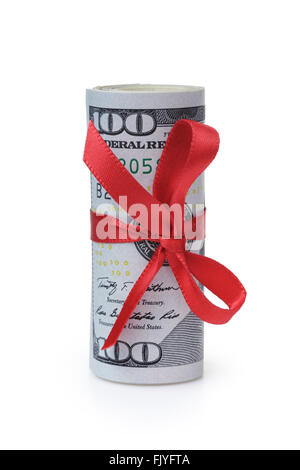 Dollari Usa laminata e legata con un nastro rosso Foto Stock