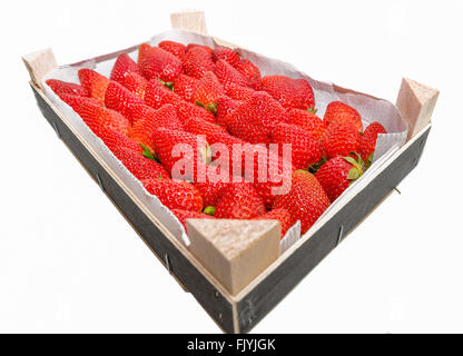 Scatola di deliziosi fragole su sfondo bianco Foto Stock