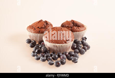 Tre muffin al cioccolato con mirtilli Foto Stock