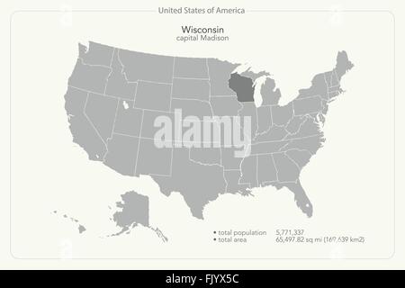 Stati Uniti d'America mappa isolato e Wisconsin membro territorio. vettore politico USA mappa geografica modello di pagina di intestazione Illustrazione Vettoriale