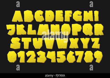 Set di isolati su sfondo nero in stile cartoon, golden alfabeto lettere e numeri. Il vettore commerciale tipo di font design. com Illustrazione Vettoriale