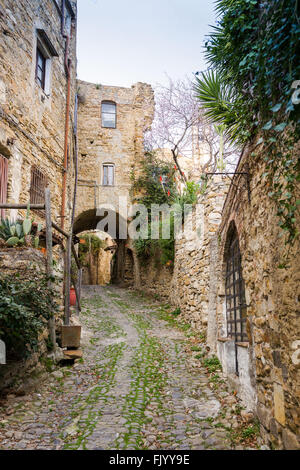 Viale medievale nel borgo di Bussana Vecchia, distrutta da un terremoto nel 1887 Foto Stock