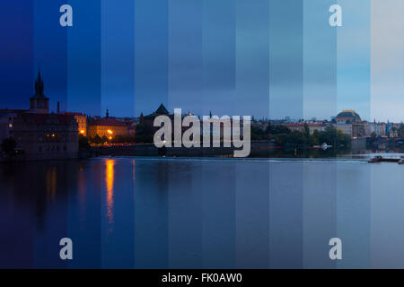 Repubblica ceca. Praga. Mattino Nuvoloso sul fiume Vltava. Fantastico collage Foto Stock