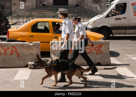 Pattuglia di polizia con la guardia-cane sulla strada nel centro di Bucarest .La Romania. Settembre 2015. Foto Stock