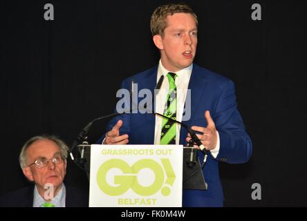 Belfast, Regno Unito. 04 Mar, 2016. Tom Pursglove, MP per Corby e North Hamptonshire parla durante la grassroots fuori conferenza . L'evento è orientato a fornire informazioni perché il Regno Unito dovrebbe lasciare l'Unione europea. © Mark inverno/Pacific Press/Alamy Live News Foto Stock