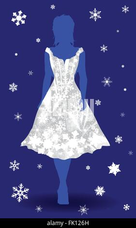 Silhouette di una ragazza snow Queen in un vestito da fiocchi di neve Illustrazione Vettoriale