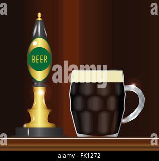 Un tradizionale e tipica birra pompe con segno e una piena pinta di vetro Illustrazione Vettoriale