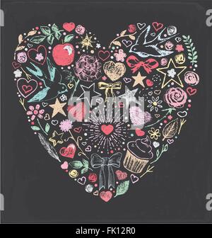Disegnata a mano Chalk cuore elementi Set di vettore Illustrazione Vettoriale