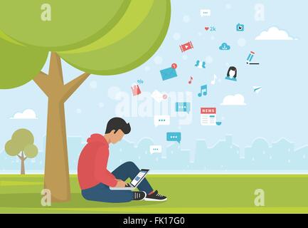 Giovane uomo seduto nel parco sotto un albero e lavorare con il computer portatile Illustrazione Vettoriale
