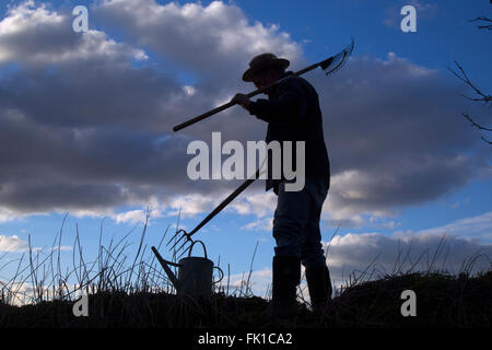 Giardiniere con strumenti in silhouette contro un colore blu cielo Foto Stock