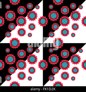 Geometrica pattern seamless sfondo colorato con fiori stilizzati e triangoli motivi in colori bianco e nero. Foto Stock